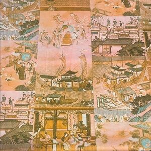 Vintage Asian-Inspired polyester fabric in Brown, Coral, & Tan. 1 yards x 58”